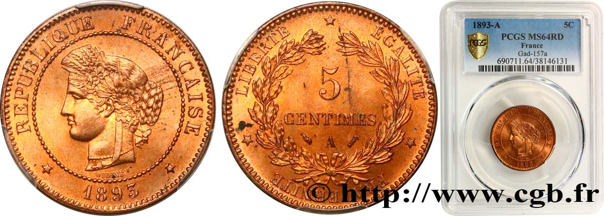 5 centimes Cérès 1893 Paris F.118/35 fST64 PCGS