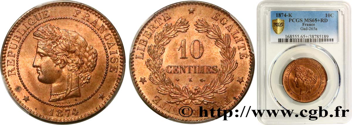 10 centimes Cérès 1874 Bordeaux F.135/13 FDC65 PCGS