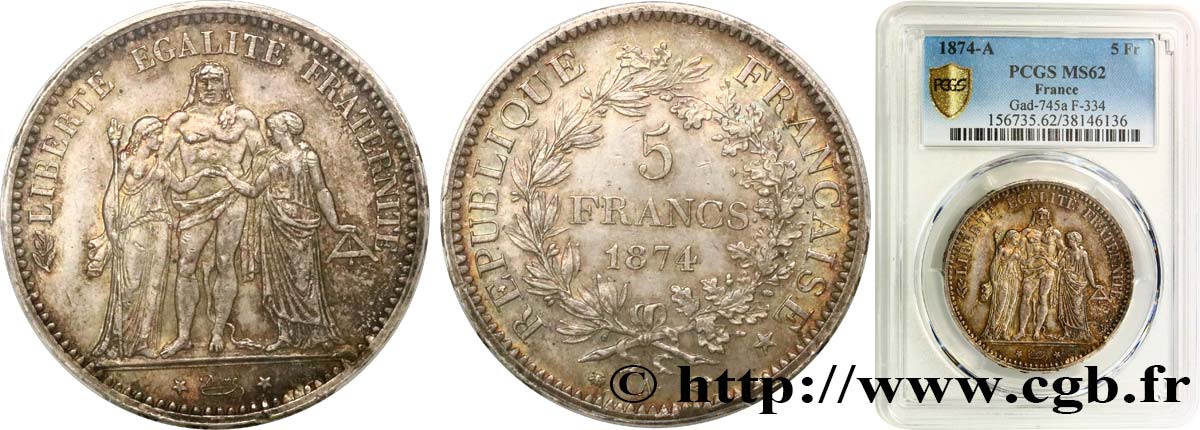 5 francs Hercule 1874 Paris F.334/12 SPL62 PCGS