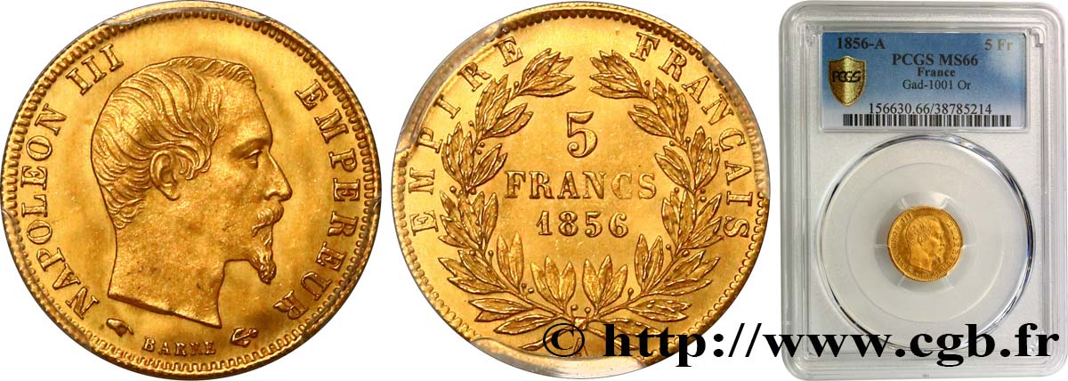 5 francs or Napoléon III, tête nue, grand module 1856 Paris F.501/2 FDC66 PCGS