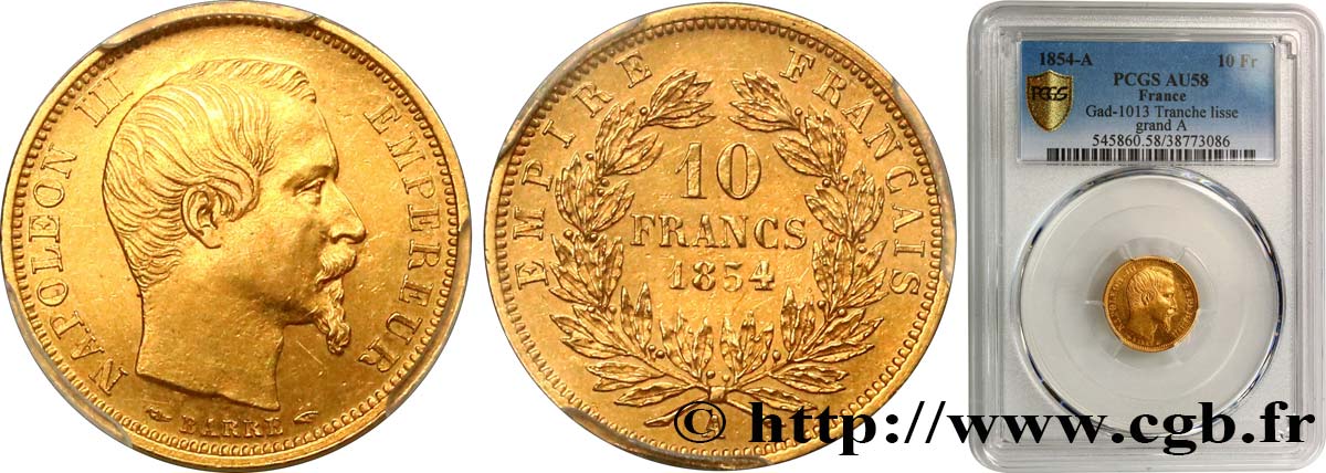 10 francs or Napoléon III, tête nue, petit module, tranche lisse 1854 Paris F.505/1 EBC58 PCGS