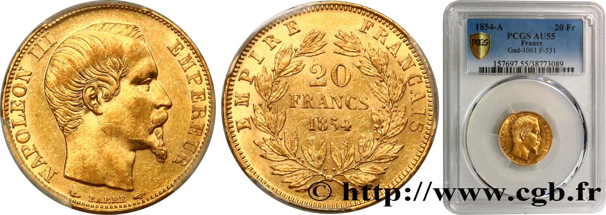 20 francs or Napoléon III, tête nue 1854 Paris F.531/2 SUP55 PCGS