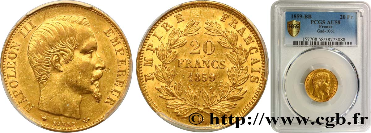 20 francs or Napoléon III, tête nue 1859 Strasbourg F.531/16 AU58 PCGS