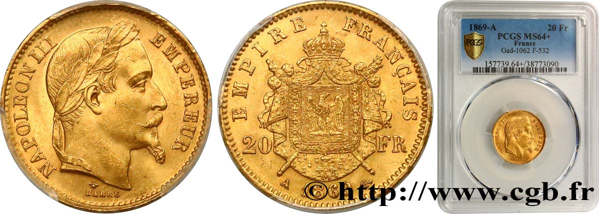 20 francs or Napoléon III, tête laurée 1869 Paris F.532/20 SC64 PCGS