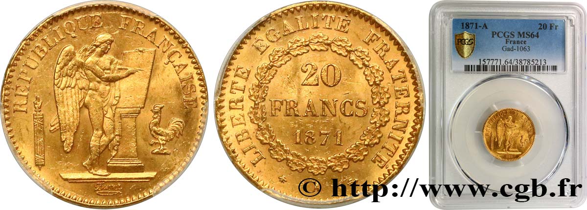 20 francs or Génie, IIIe République 1871 Paris F.533/1 SC64 PCGS