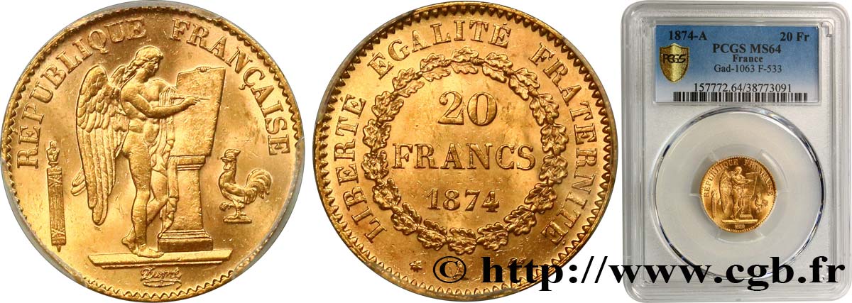 20 francs or Génie, Troisième République 1874 Paris F.533/2 MS64 PCGS