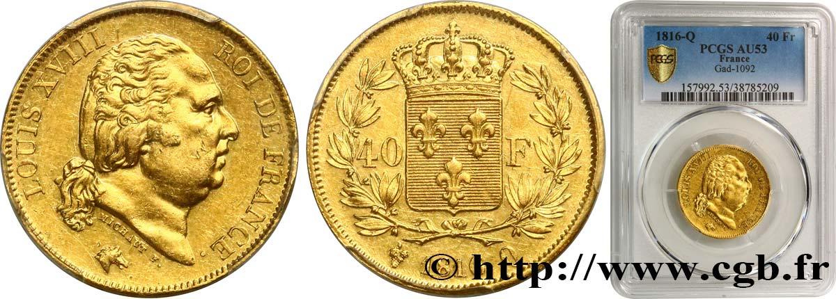 40 francs or Louis XVIII 1816 Perpignan F.542/4 AU53 PCGS