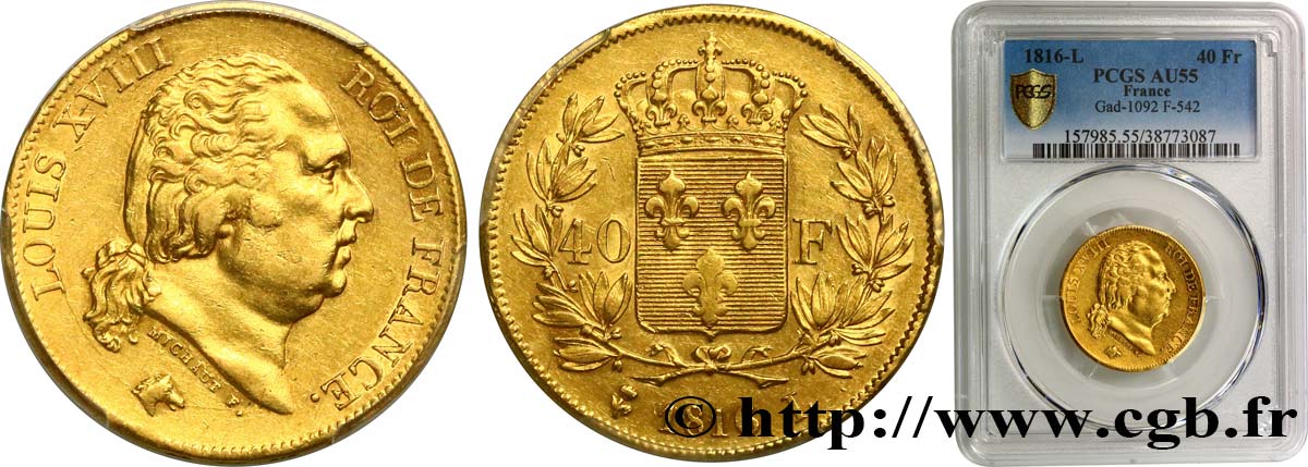 40 francs or Louis XVIII 1816 Bayonne F.542/3 SPL55 PCGS