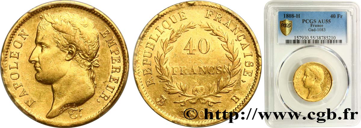 40 francs or Napoléon tête laurée, République française 1808 La Rochelle F.540/3 AU55 PCGS