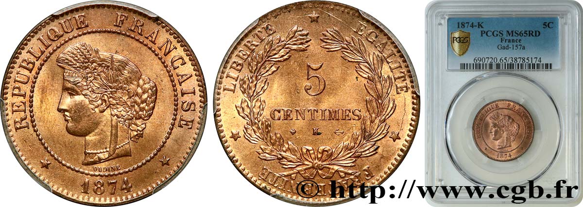5 centimes Cérès 1874 Bordeaux F.118/10 MS65 PCGS