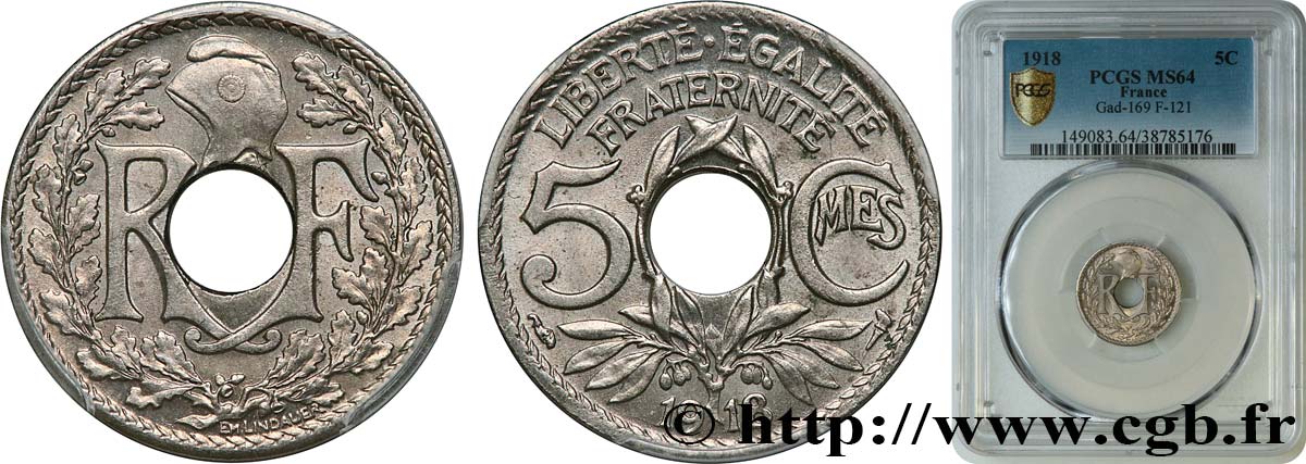 5 centimes Lindauer, grand module 1918 Paris F.121/2 fST64 PCGS
