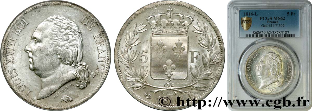 5 francs Louis XVIII, tête nue 1816 Bayonne F.309/8 SPL62 PCGS