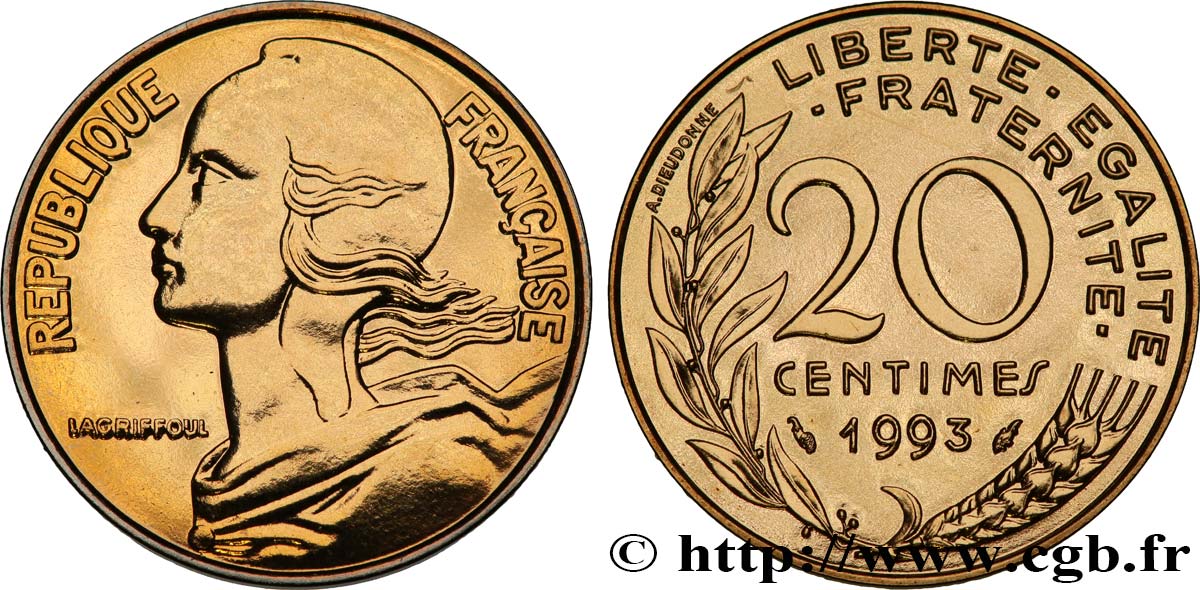 20 centimes Marianne, BU (Brillant Universel), frappe médaille 1993 Pessac F.156/36 FDC 