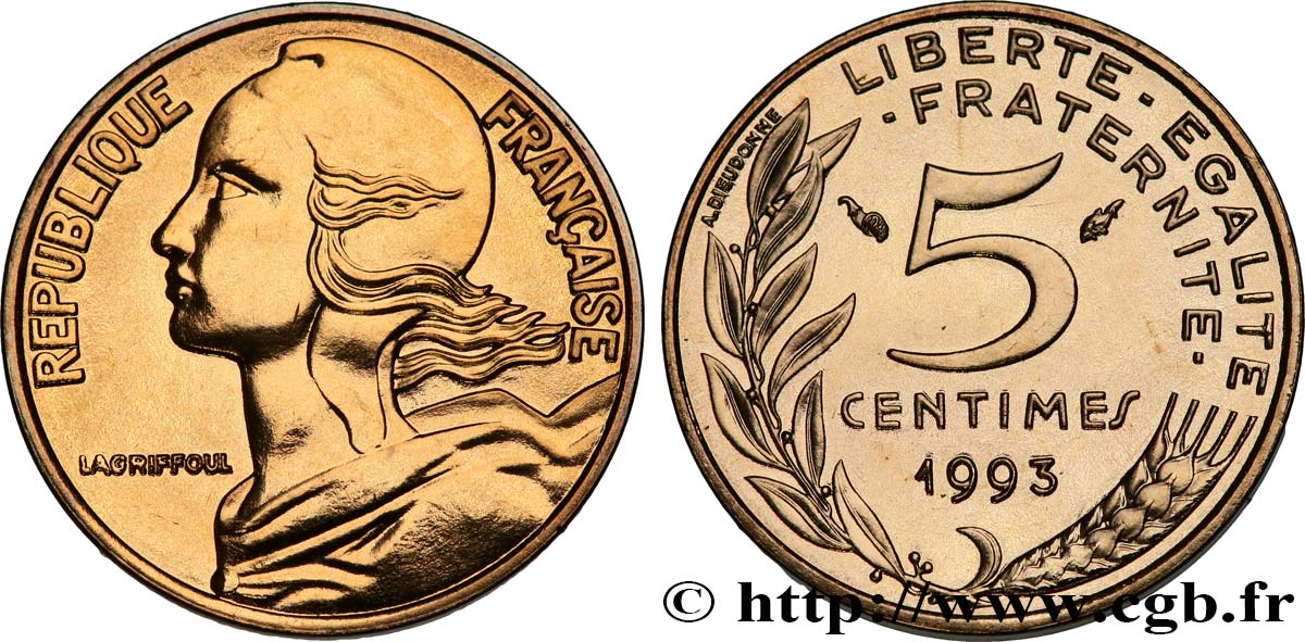 5 centimes Marianne, BU (Brillant Universel), frappe médaille 1993 Pessac F.125/34 ST 