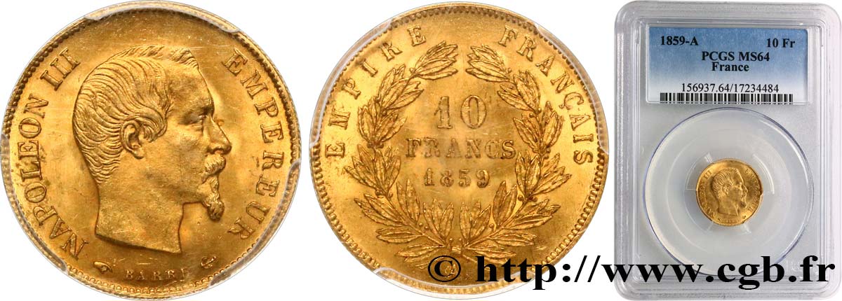 10 francs or Napoléon III, tête nue 1859 Paris F.506/7 fST64 PCGS