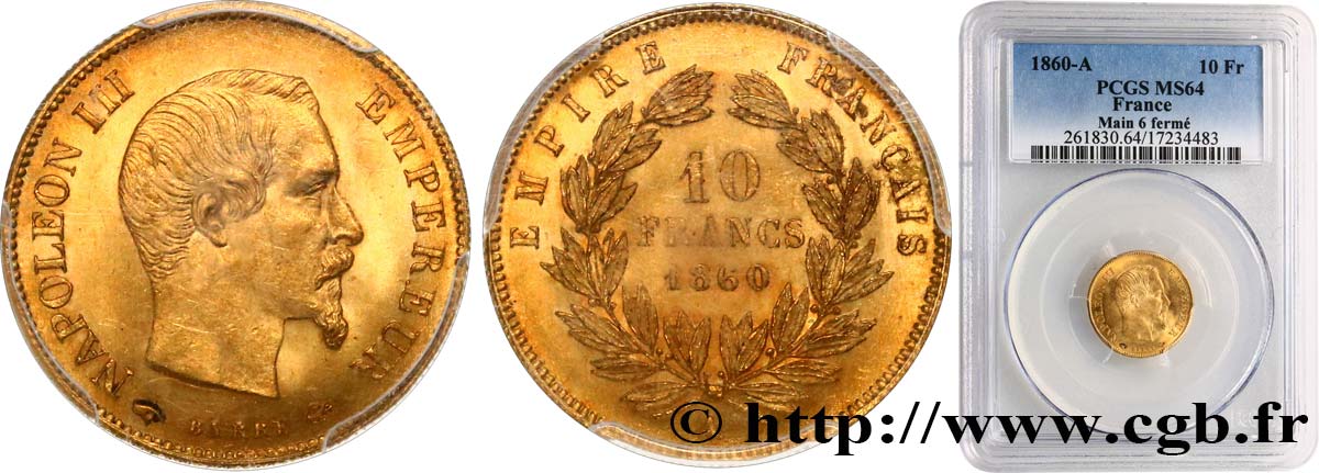 10 francs or Napoléon III, tête nue 1860 Paris F.506/9 MS64 PCGS