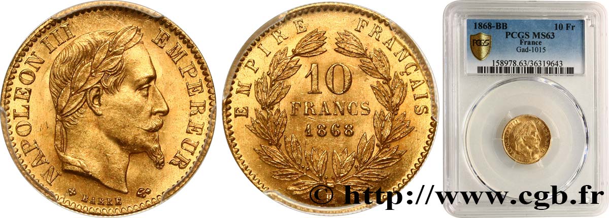 10 francs or Napoléon III, tête laurée 1868 Strasbourg F.507A/18 MS63 PCGS