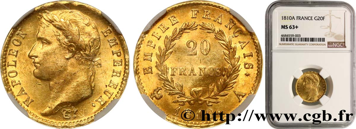 20 francs or Napoléon tête laurée, Empire français 1810 Paris F.516/8 MS63 NGC