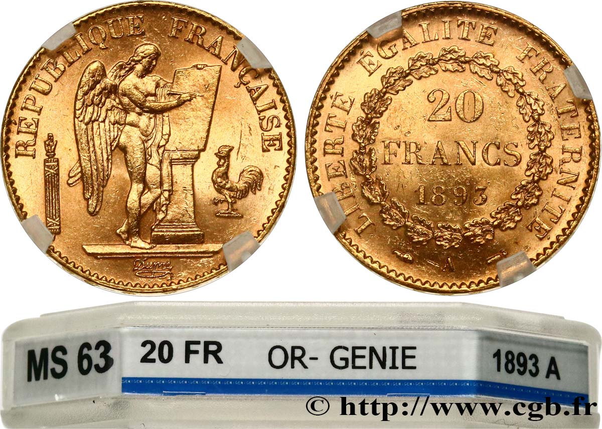 20 francs or Génie, Troisième République 1893 Paris F.533/17 SC63 GENI