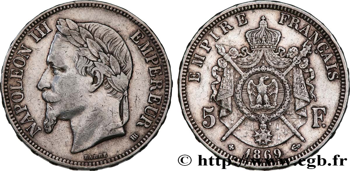 5 francs Napoléon III, tête laurée 1869 Strasbourg F.331/15 MBC 