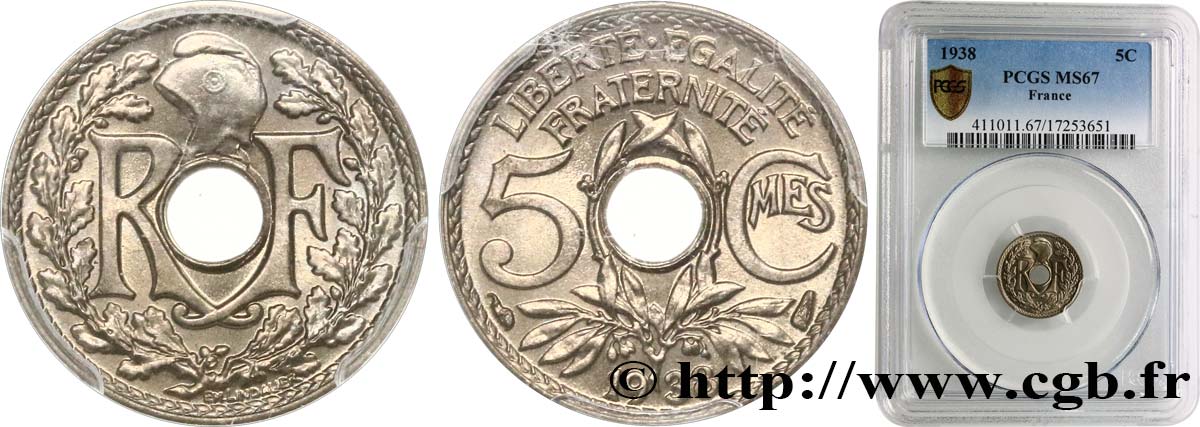 5 centimes Lindauer, petit module 1938 Paris F.122/21 MS67 PCGS