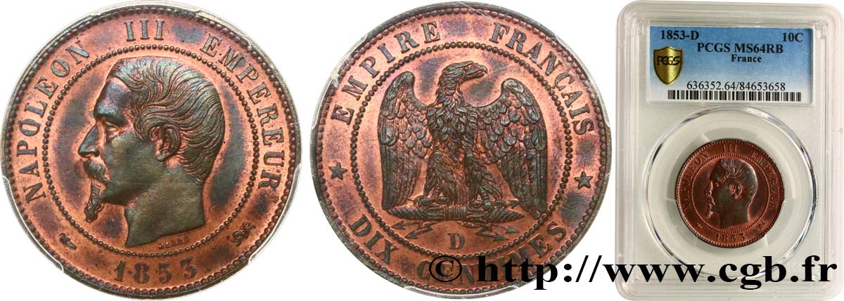 Dix centimes Napoléon III, tête nue 1853 Lyon F.133/5 SPL64 PCGS