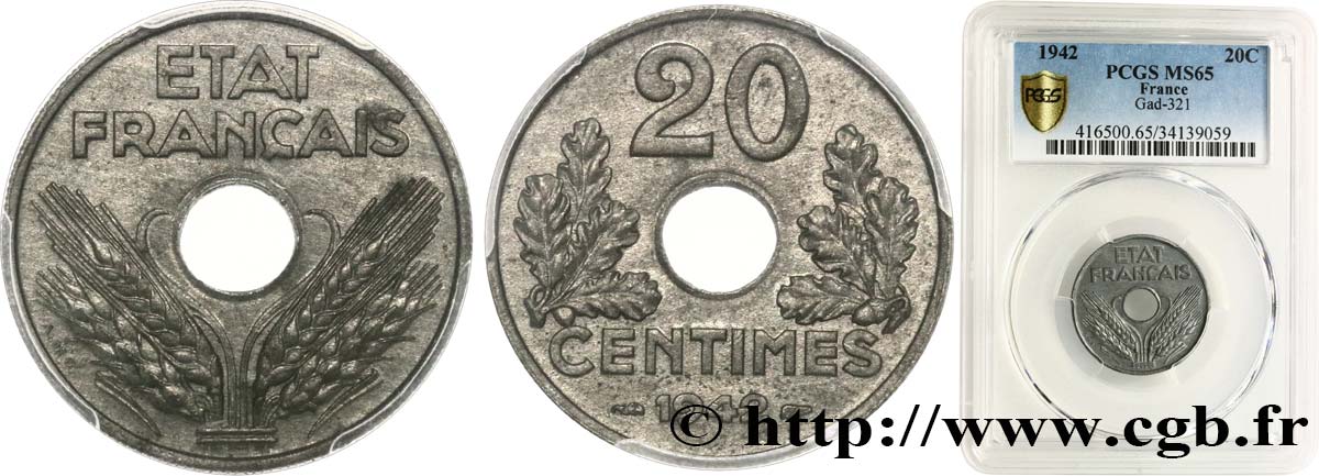 20 centimes État français 1942  F.153/4 FDC65 PCGS