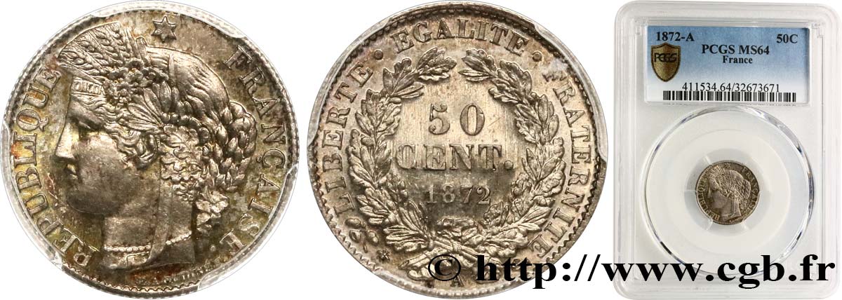 50 centimes Cérès, IIIe République 1872 Paris F.189/3 MS64 PCGS