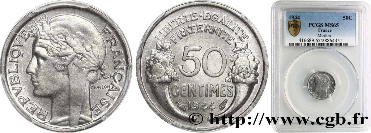 50 centimes Morlon, légère 1944  F.194/3 FDC65 PCGS