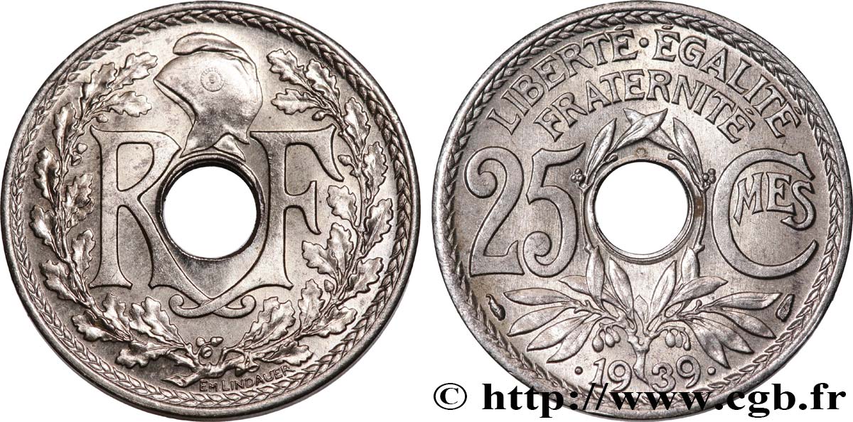 25 centimes Lindauer, Maillechort 1939  F.172/3 MS63 