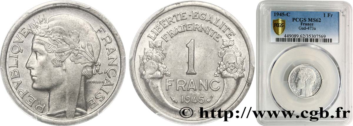 1 franc Morlon, légère 1945 Castelsarrasin F.221/8 SPL62 PCGS