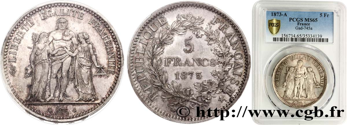 5 francs Hercule 1873 Paris F.334/9 FDC65 PCGS