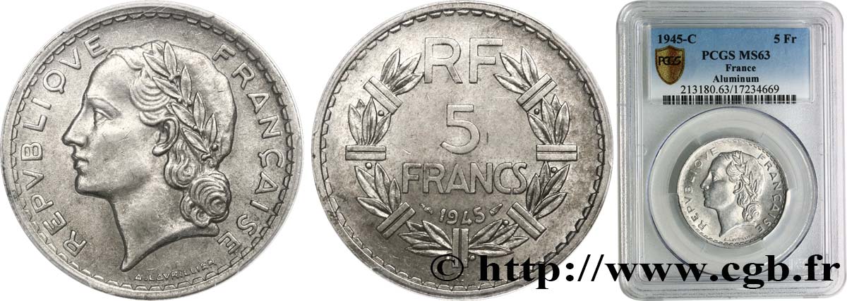5 francs Lavrillier, aluminium 1945 Castelsarrasin F.339/5 SC63 PCGS