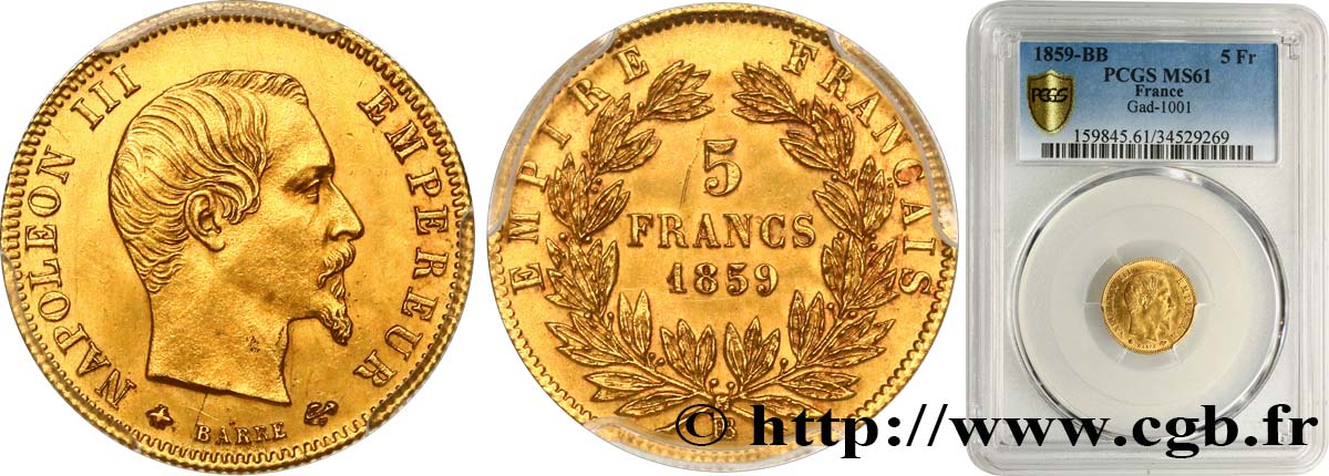 5 francs or Napoléon III, tête nue, grand module 1859 Strasbourg F.501/8 MS61 PCGS