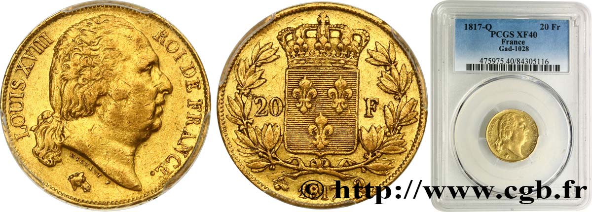 20 francs or Louis XVIII, tête nue 1817 Perpignan F.519/8 XF40 PCGS