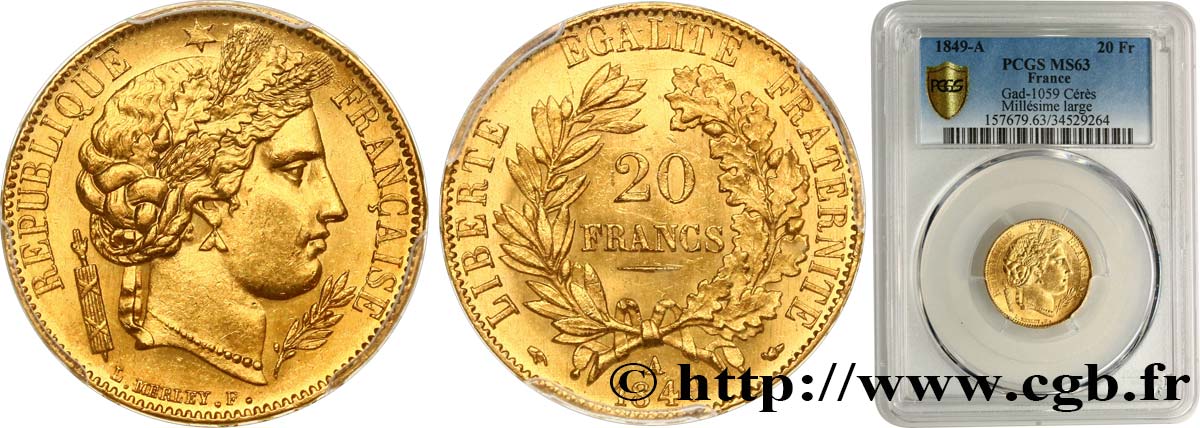 20 francs or Cérès 1849 Paris F.529/1 fST63 PCGS