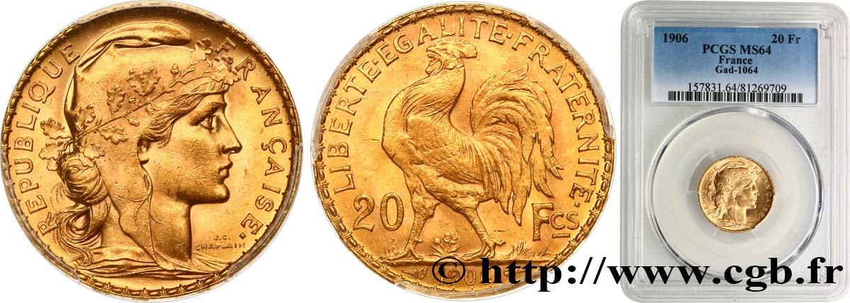20 francs or Coq, Dieu protège la France 1906 Paris F.534/11 MS64 PCGS