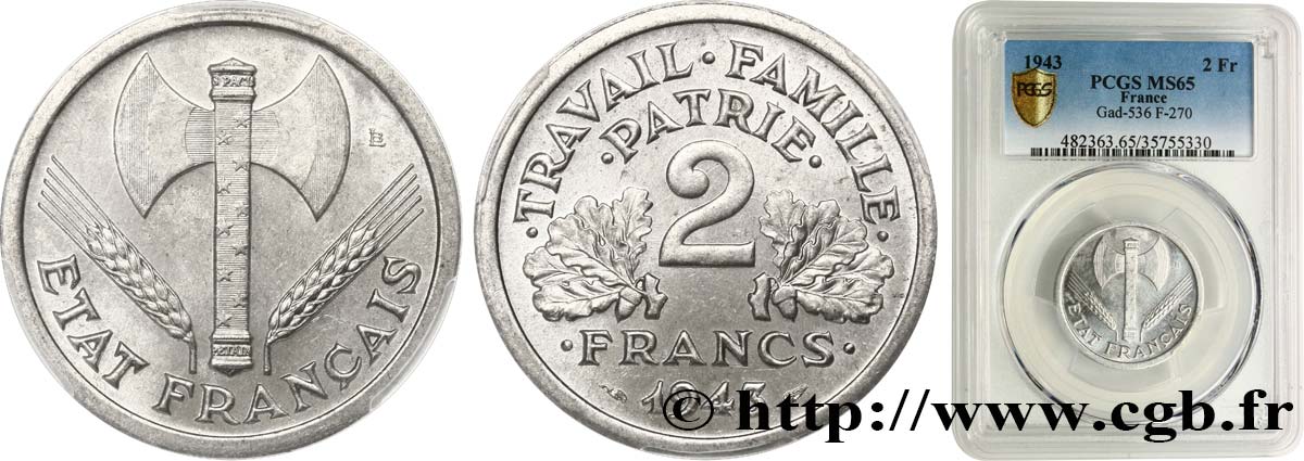 2 francs Francisque 1943  F.270/2 MS65 PCGS