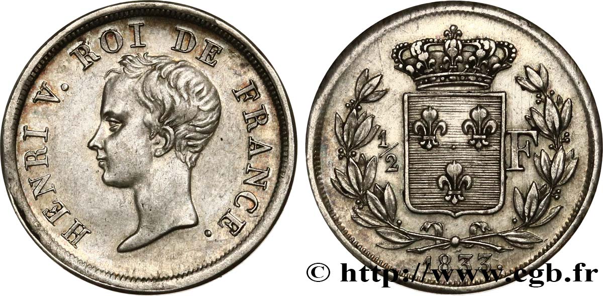 1/2 franc, buste juvénile 1833  VG.2713  SS50 