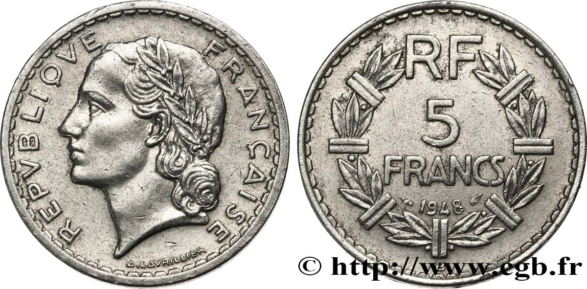 5 francs Lavrillier, aluminium, 9 fermé 1948 Beaumont-le-Roger F.339/16 AU50 