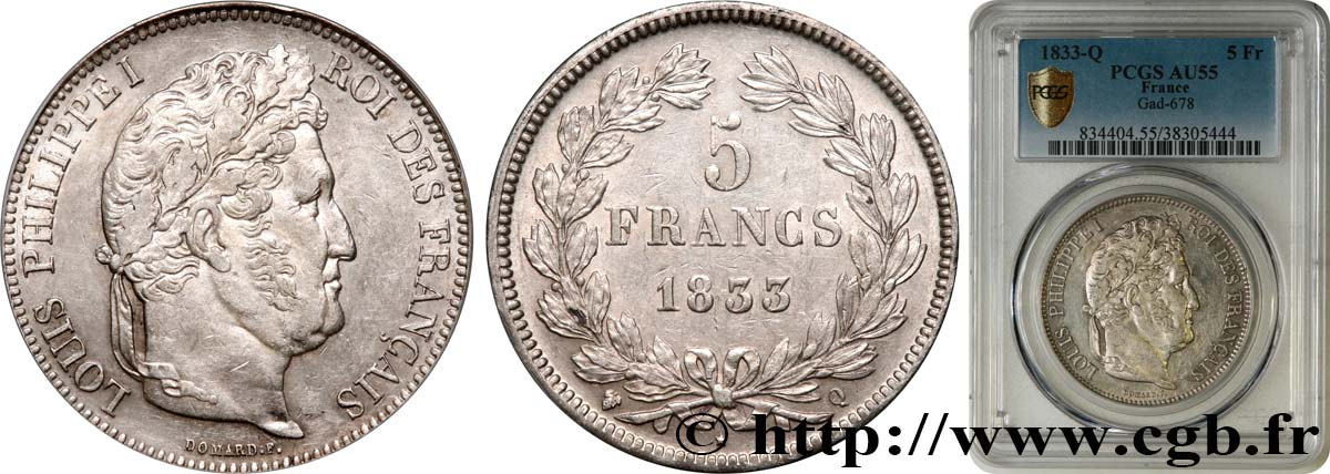 5 francs IIe type Domard 1833 Perpignan F.324/25 AU55 PCGS