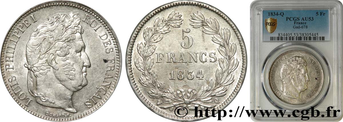 5 francs, IIe type Domard 1834 Perpignan F.324/39 AU53 PCGS