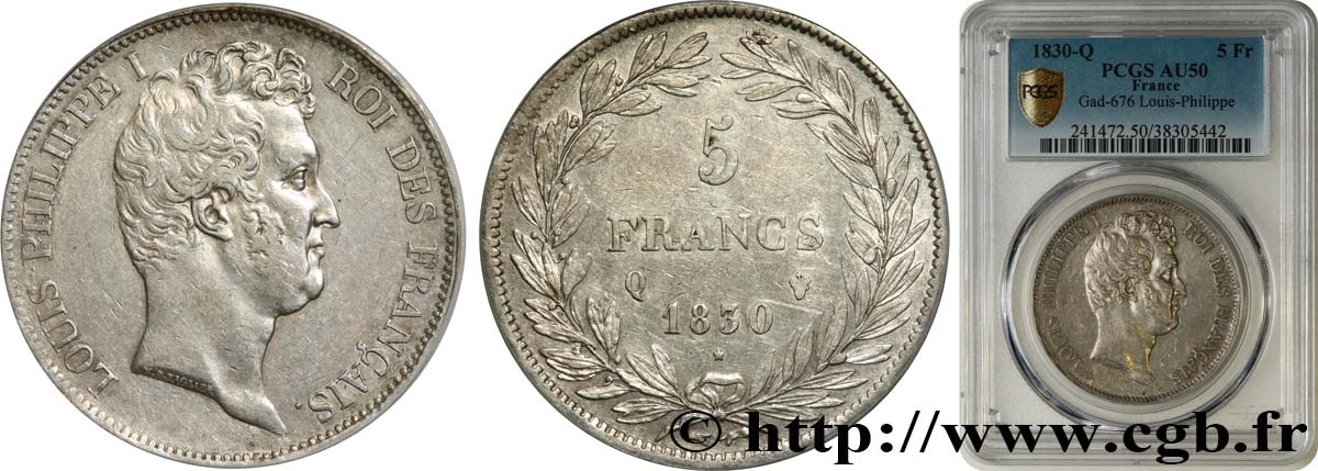 5 francs type Tiolier avec le I, tranche en creux 1830 Perpignan F.315/11 BB50 PCGS