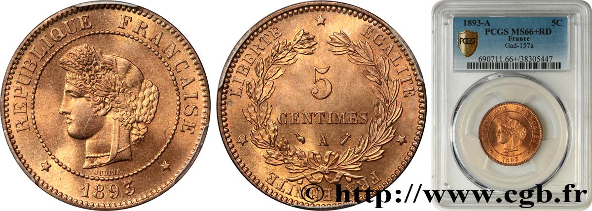 5 centimes Cérès 1893 Paris F.118/35 MS66 PCGS