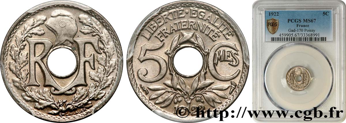 5 centimes Lindauer, petit module 1922 Poissy F.122/5 FDC67 PCGS