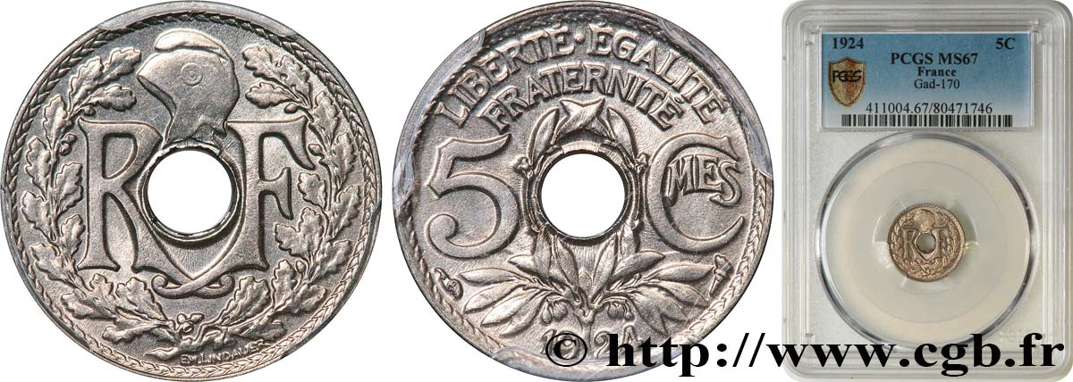 5 centimes Lindauer, petit module 1924 Paris F.122/8 MS67 PCGS