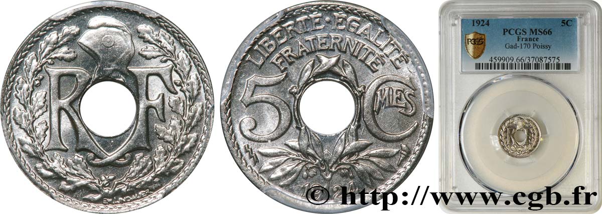5 centimes Lindauer, petit module 1924 Poissy F.122/9 MS66 PCGS