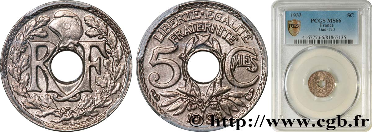 5 centimes Lindauer, petit module 1933 Paris F.122/16 MS66 PCGS