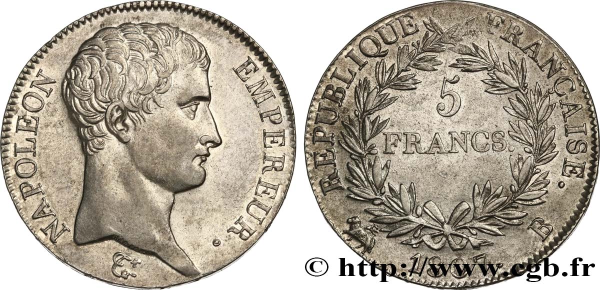 5 francs Napoléon Empereur, Calendrier grégorien 1807 Rouen F.304/12 AU58 