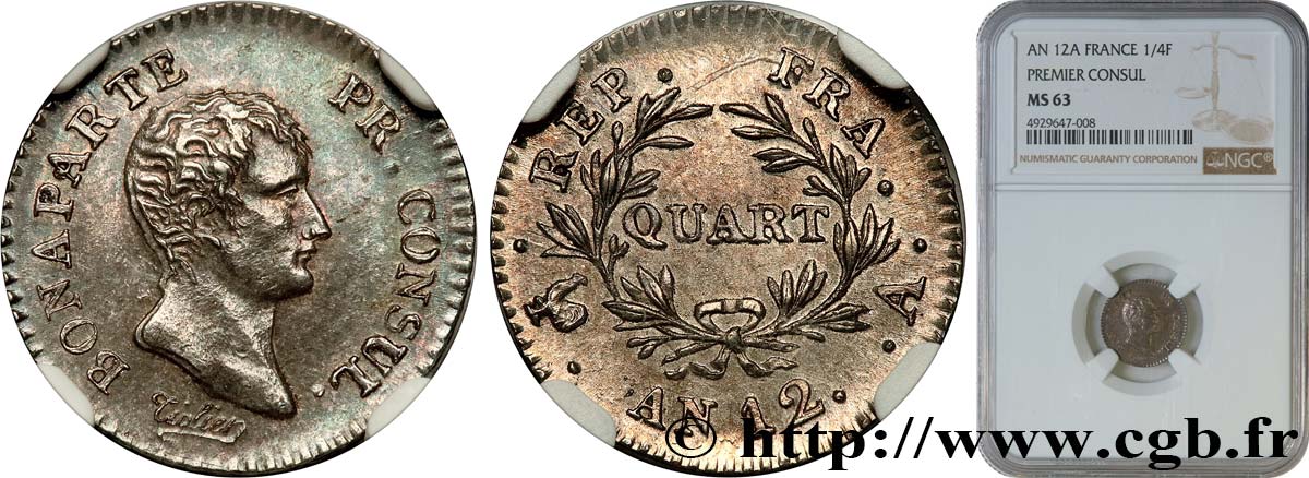Quart (de franc) Bonaparte Premier Consul 1804 Paris F.157/1 fST63 NGC